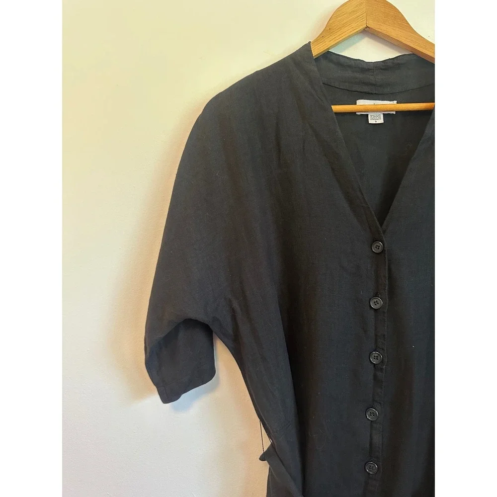 Velvet by Graham & Spencer Black Linen Button Front Wide Leg Jumpsuit | Small